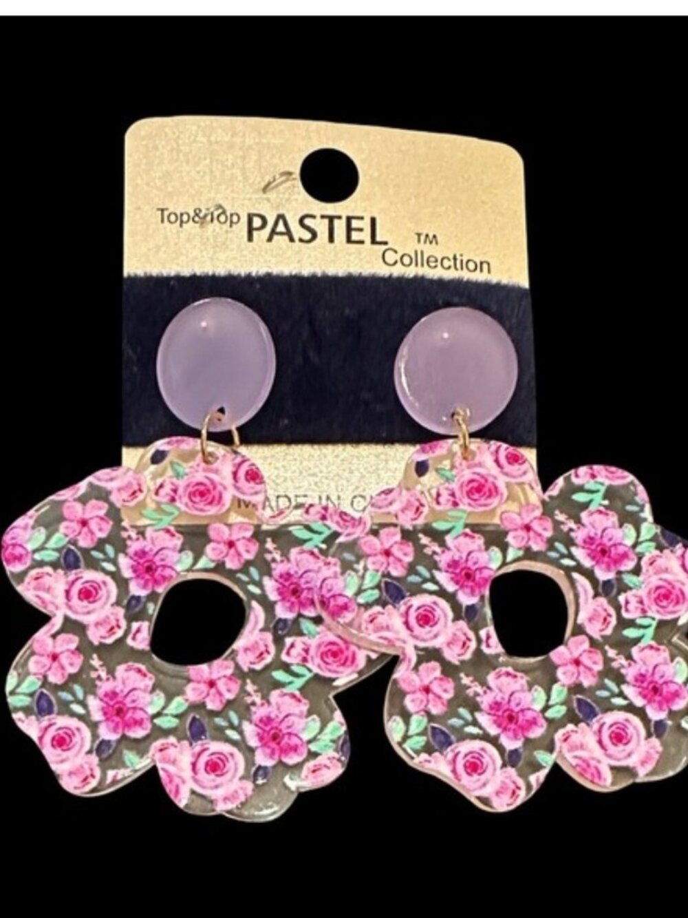 PASTEL Acrylic Earrings Purple Pink Floral Print Flower Shaped NEW